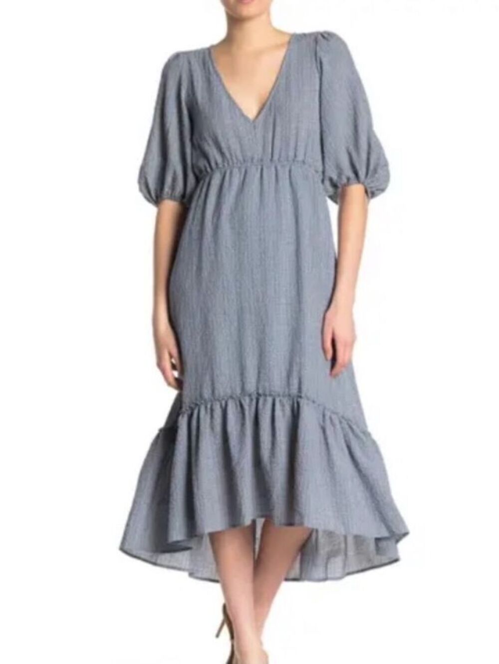 Superfoxx Blue Gray Puff Sleeve Tiered Midi Dress Large